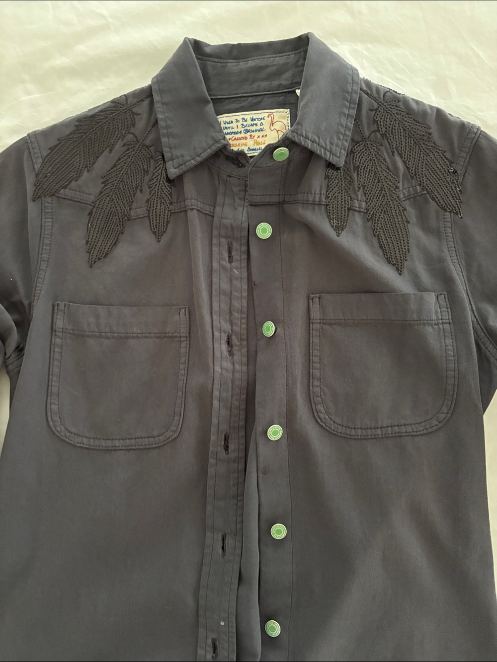 Women's Dark Gray Button-Down Shirt with Embroidered Shoulder Detail